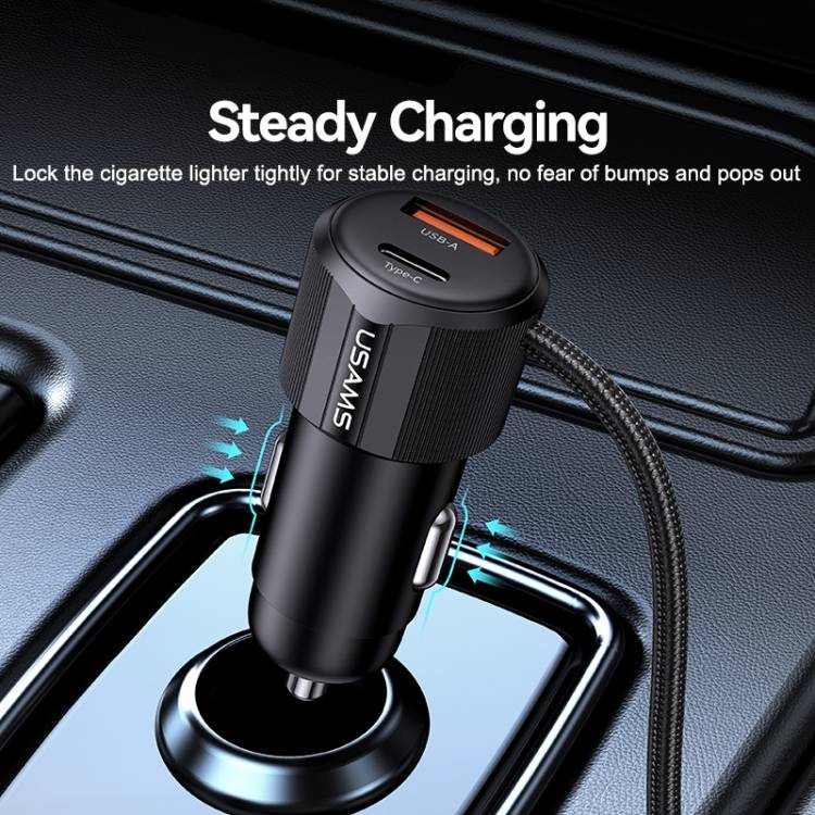 USAMS CC287 YT Series 66W Dual-Port USB & Type-C Car Fast Charger with 2-in-1 Cable-Black