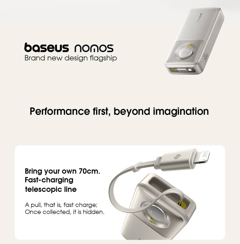 Baseus NOMOS 30W 20,000mAh Power Bank with Digital Display & Built-in Retractable Cable