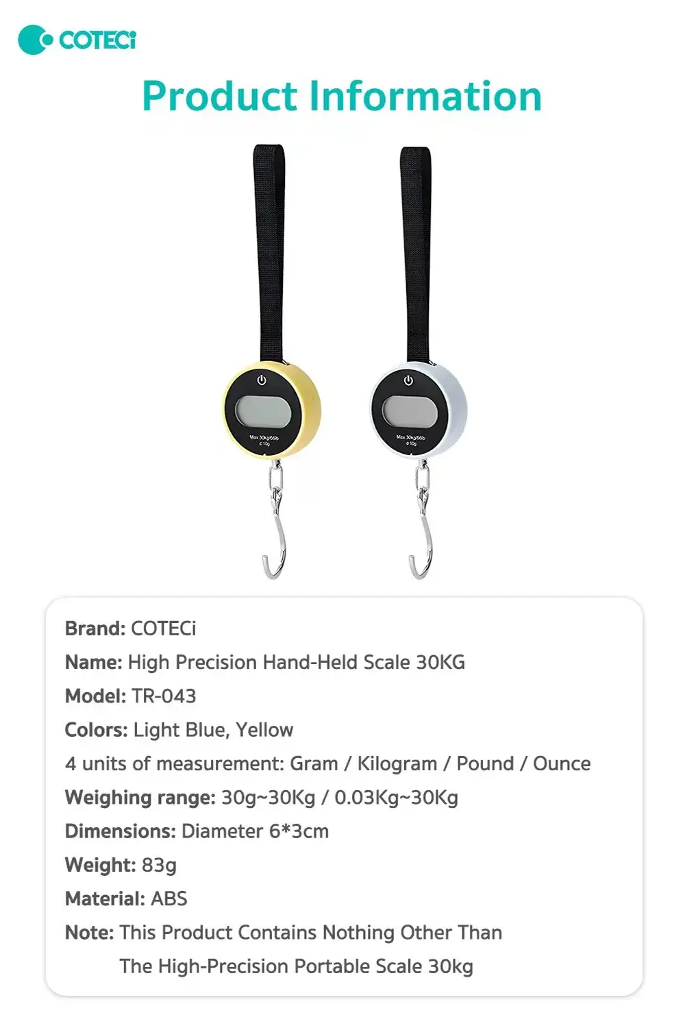 Coteci TR-043 High-Precision Handheld Scale 30kg