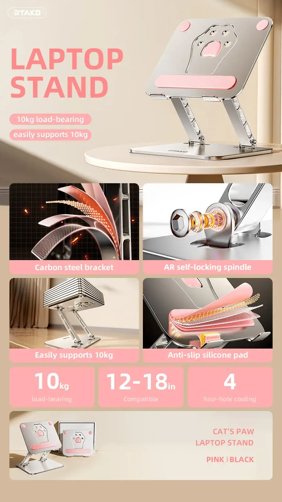 Rtako L49 Heavy-Duty Carbon Steel Laptop And Tablet Stand With Cute Claw Pattern