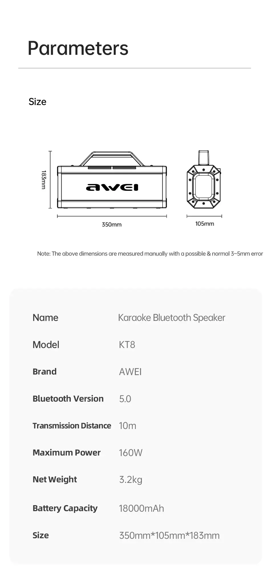 Awei KT8 160W Portable Bluetooth Karaoke Speaker with Wireless Microphones & Remote Control