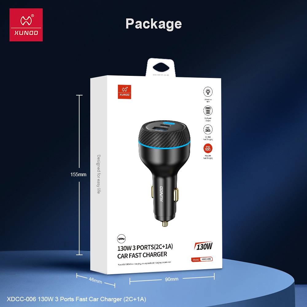 XUNDD XDCC-006 130W Dual USB-C & USB-A 3-Port Fast Car Charger