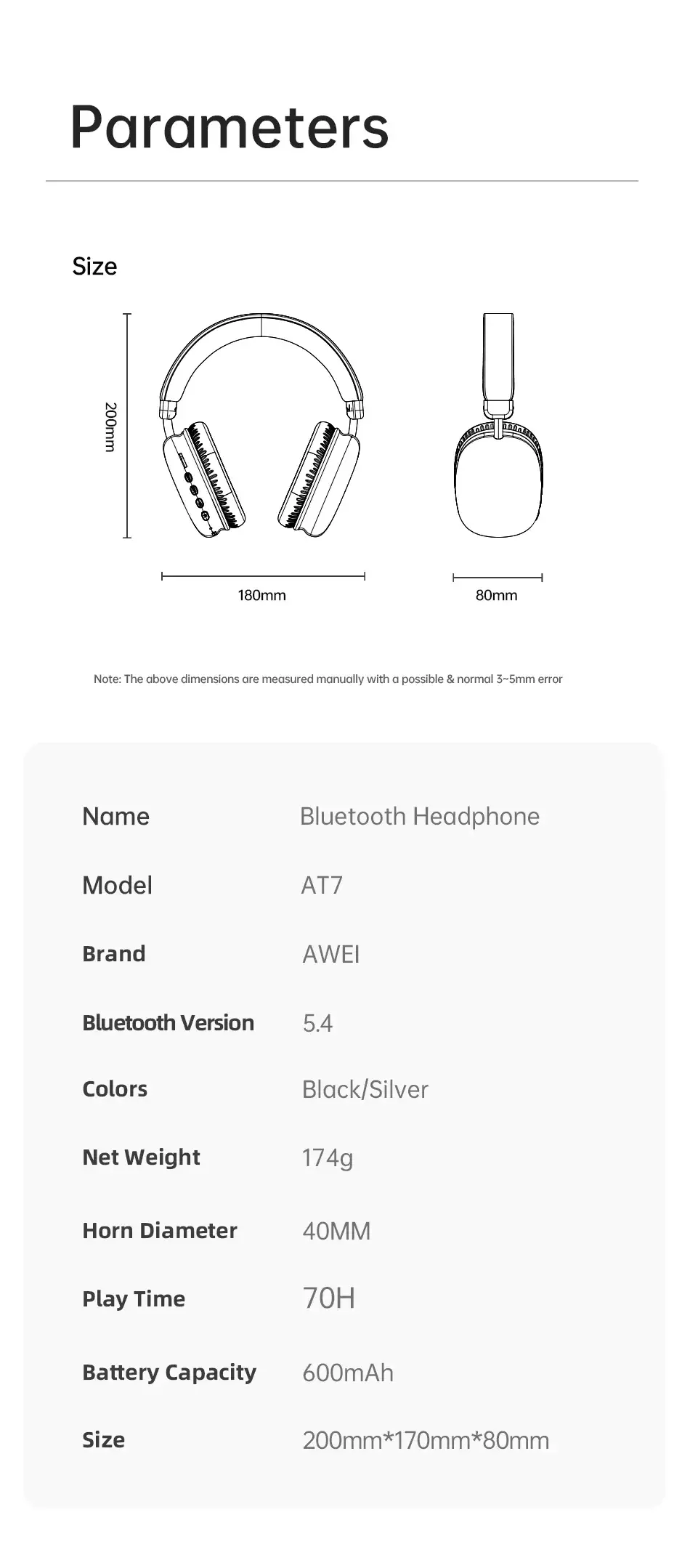 Awei AT7 Bluetooth Wireless Headphones