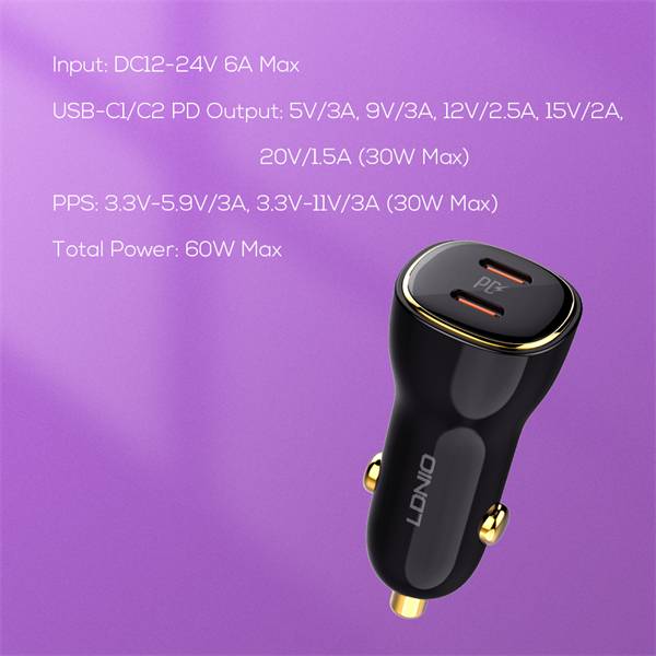 LDNIO C104 60W Dual PD Super Fast Car Charger with Dual USB-C Outputs