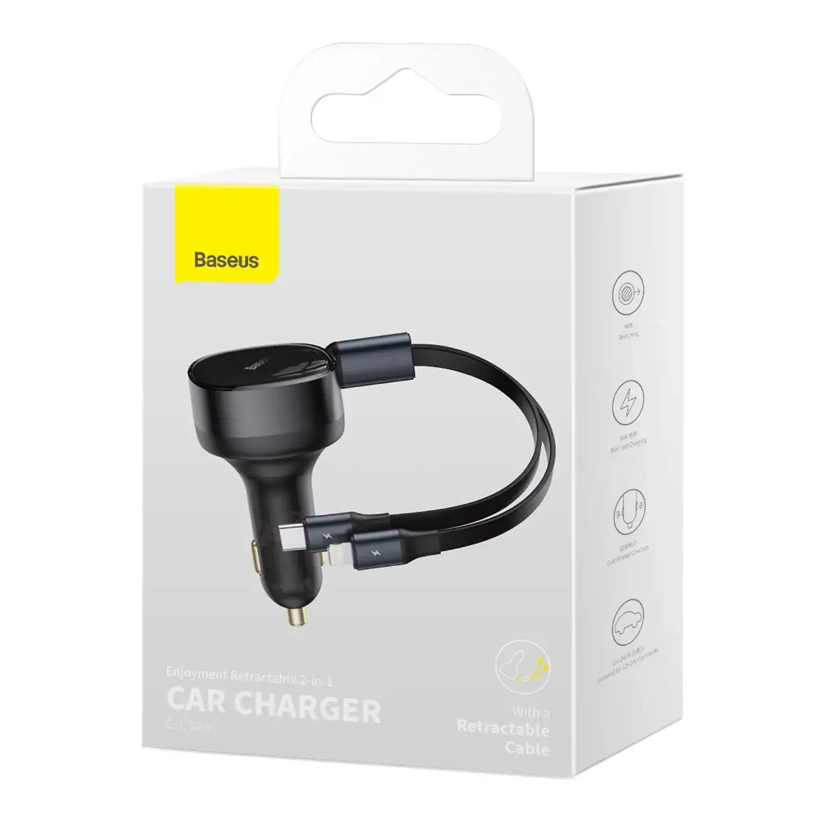 Baseus Enjoyment Series Retractable Car Charger Dual Output Type-C & Lightning 30W Fast Charging