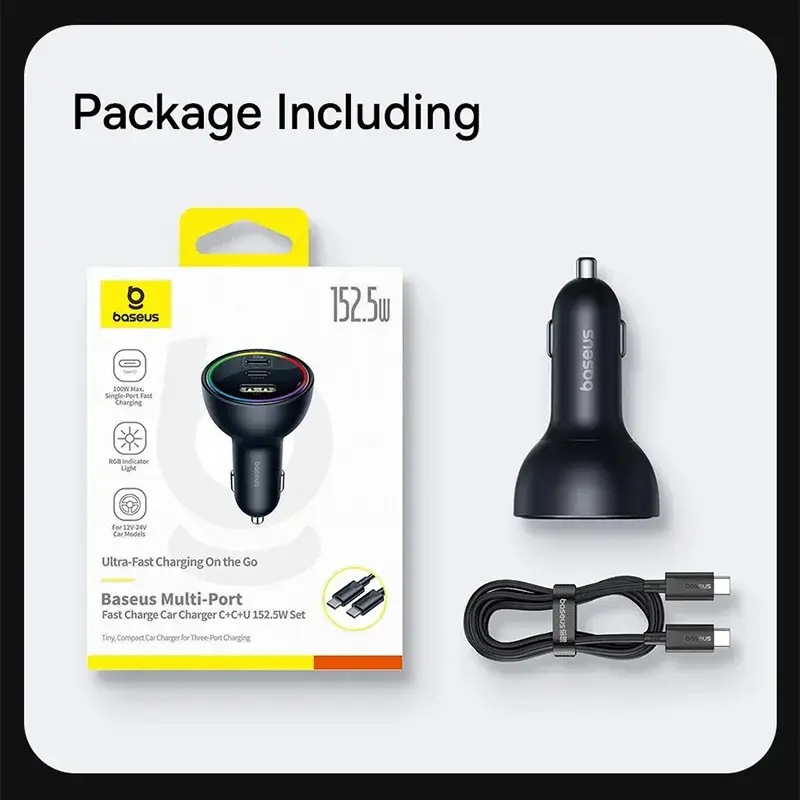 Baseus 152.5W Multi-Port Car Charger Dual USB-C + USB-A Fast Charging Set