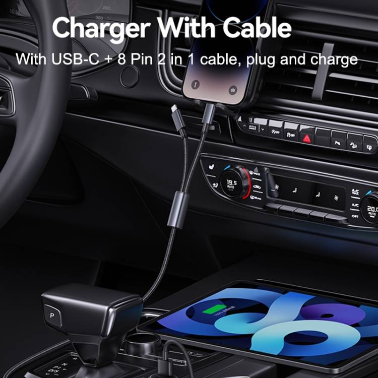 USAMS CC287 YT Series 66W Dual-Port USB & Type-C Car Fast Charger with 2-in-1 Cable-Black