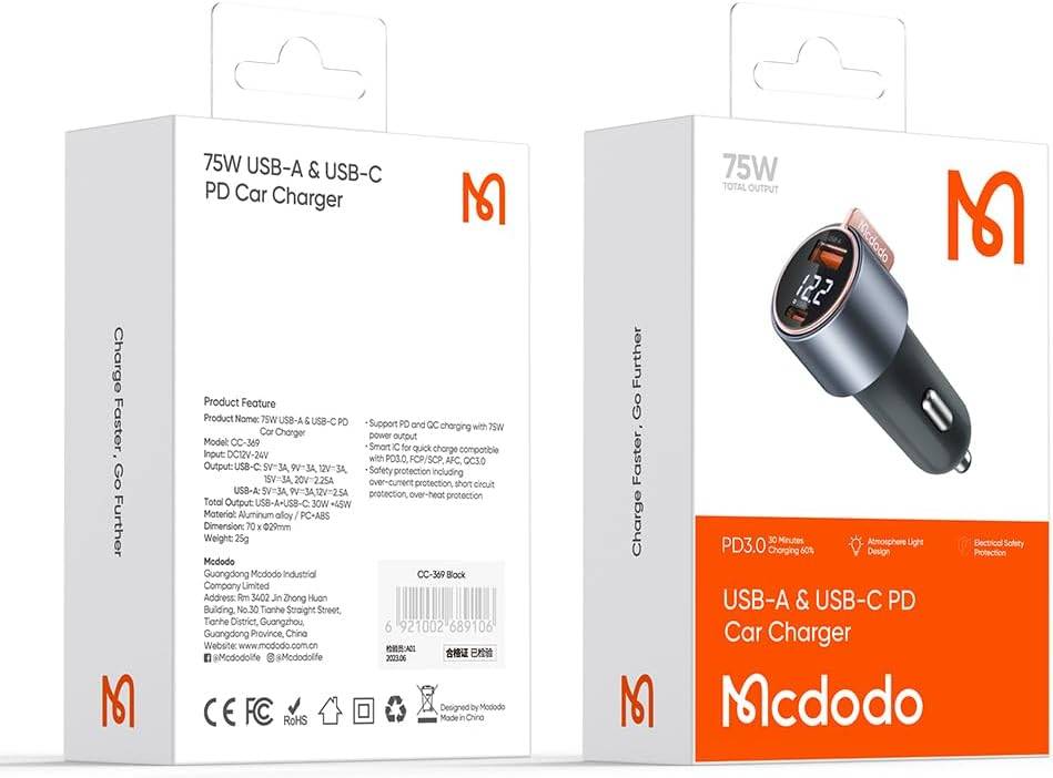 Mcdodo CC-3690 75W Dual-Port Fast Car Charger with USB-A & USB-C Digital Display Black