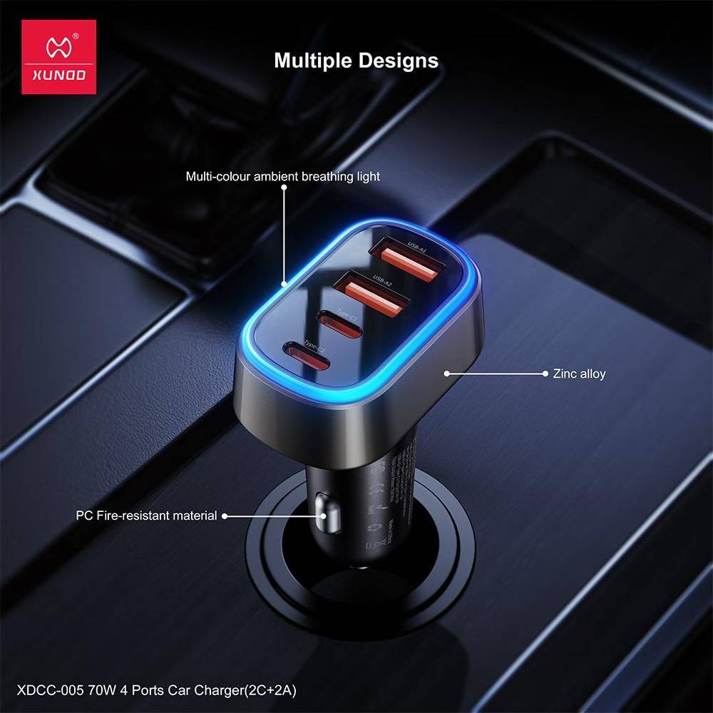 XUNDD XDCC-005 70W Dual USB-C & Dual USB-A 4-Port Fast Car Charger