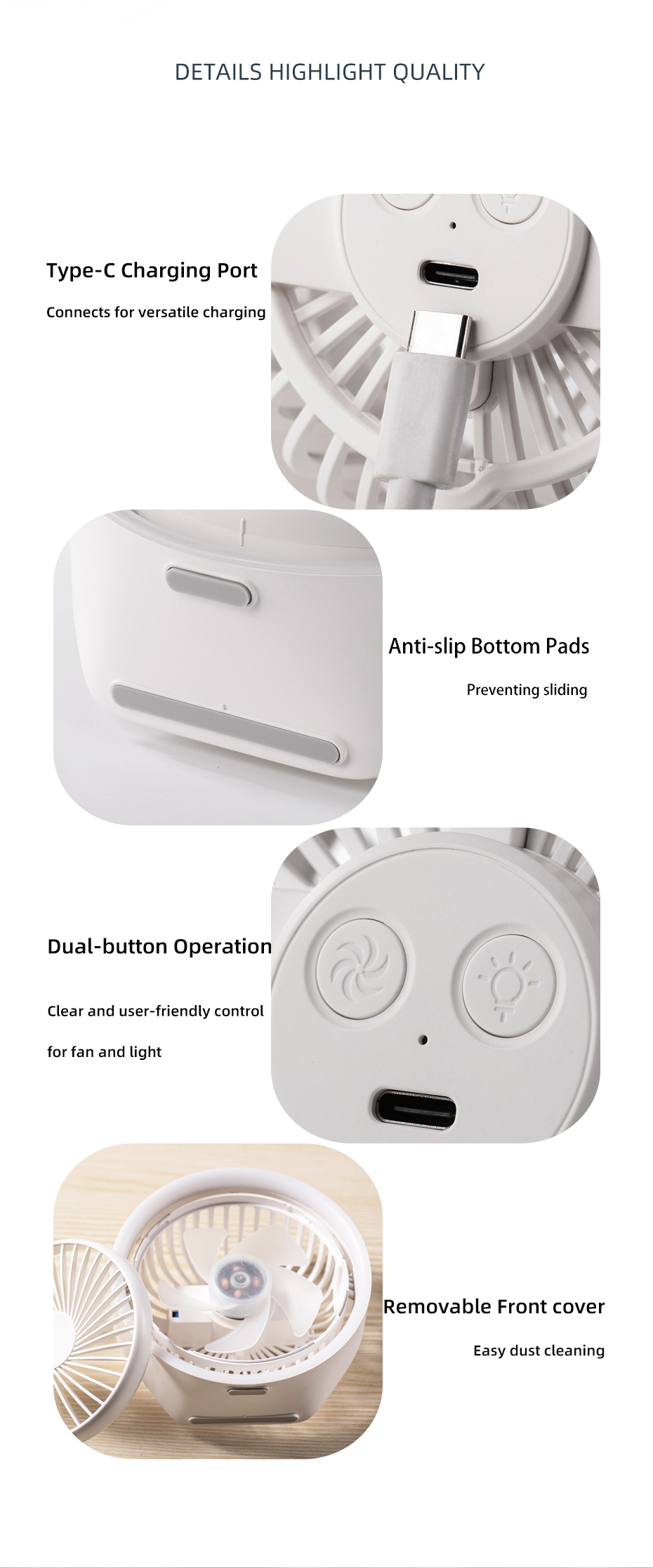 Vyvylabs VKD04-WH Mini Portable Desktop Fan with LED Light