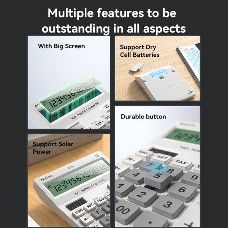 Yesido EC10 Dual Power LCD Display Desktop Calculator Battery & Solar Powered