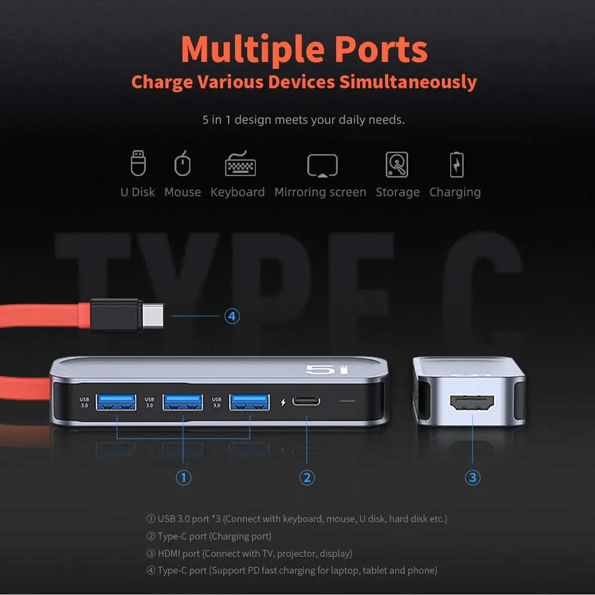 ROCK 5 in 1 Type-C to PD Multi-Function Docking Station