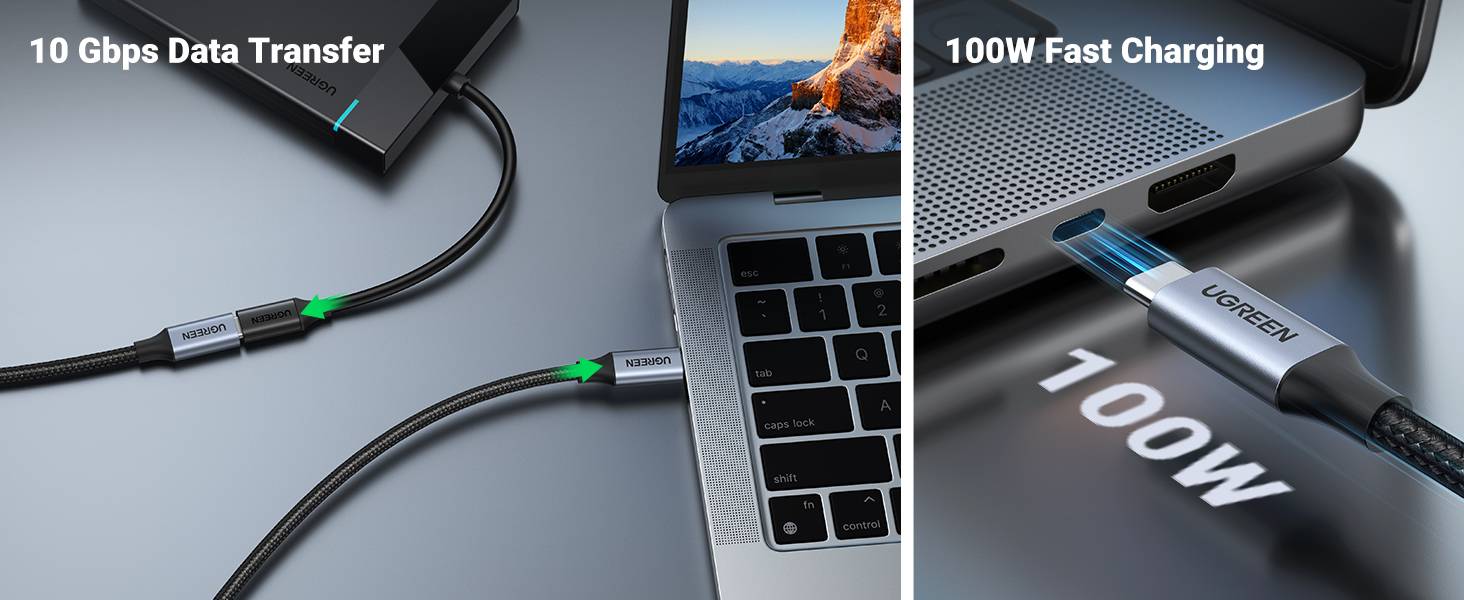 UGREEN US372 USB-C Male to Female Gen2 Aluminum Case Braided Extension Cable 1M (30205)