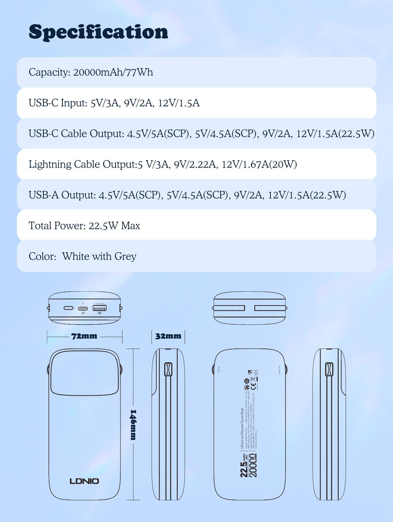 LDNIO PQ20 20000mAh 22.5W Fast Charging Ultra-High Capacity Power Bank