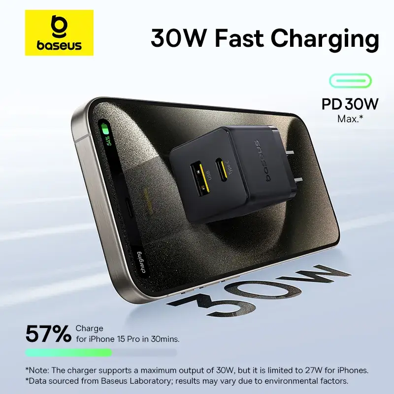Baseus Palm Series 30W Dual-Port PD Fast Charger 1× USB-A & 1× USB-C Output (US Plug)