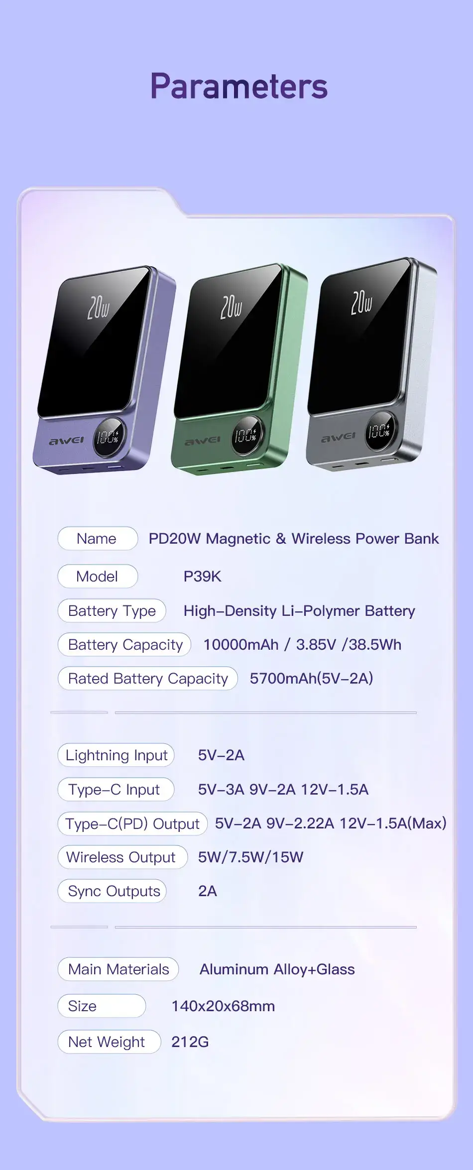 Awei P39K 10000mAh 20W PD Magnetic Wireless Power Bank