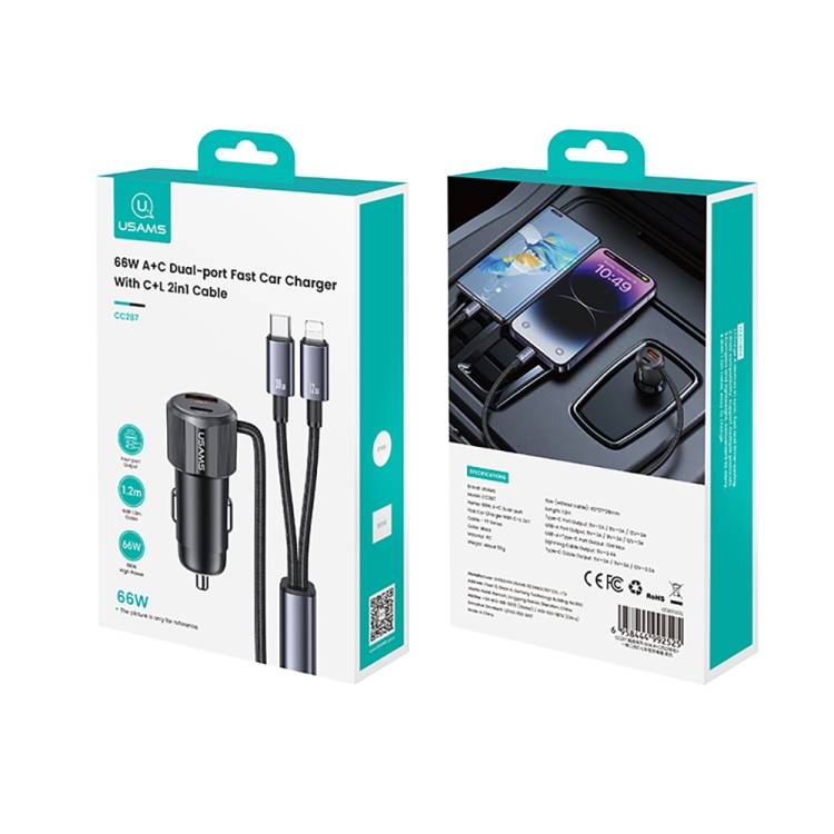 USAMS CC287 YT Series 66W Dual-Port USB & Type-C Car Fast Charger with 2-in-1 Cable-Black