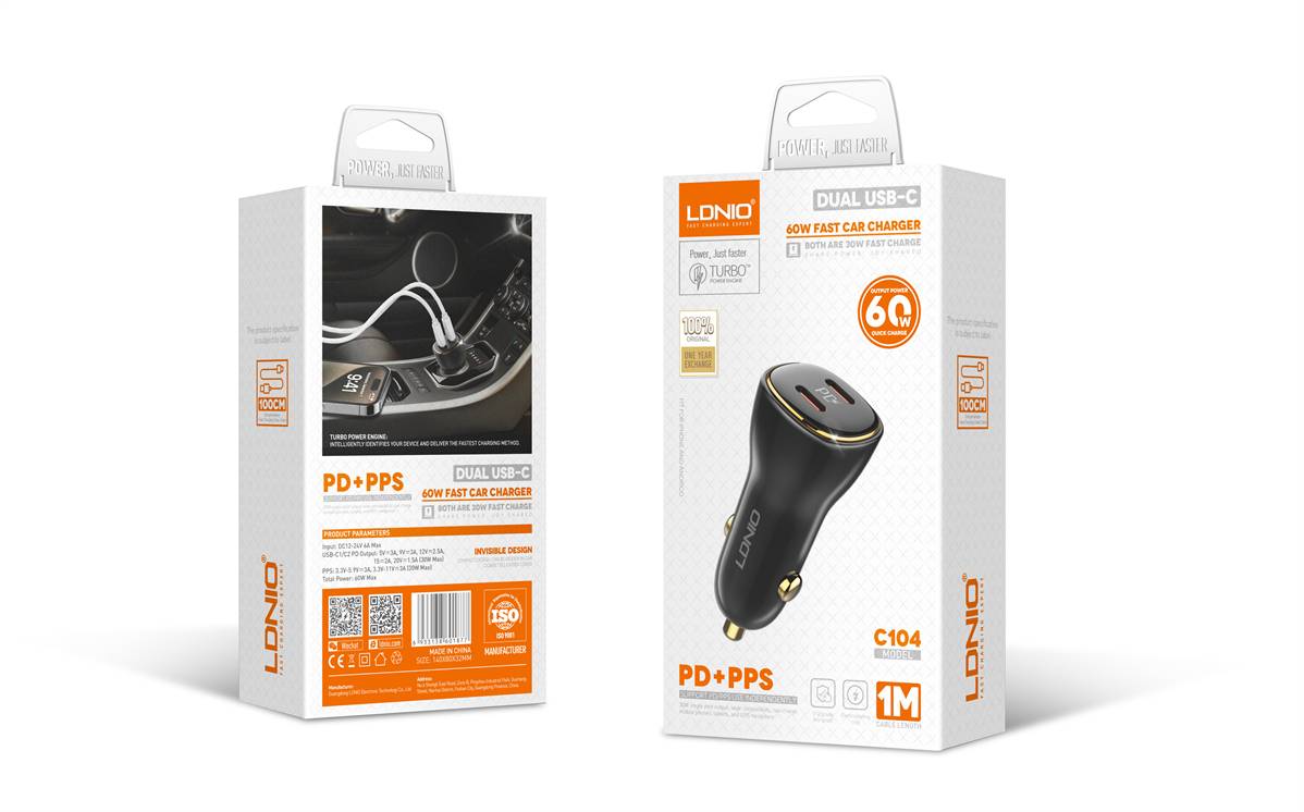LDNIO C104 60W Dual PD Super Fast Car Charger with Dual USB-C Outputs