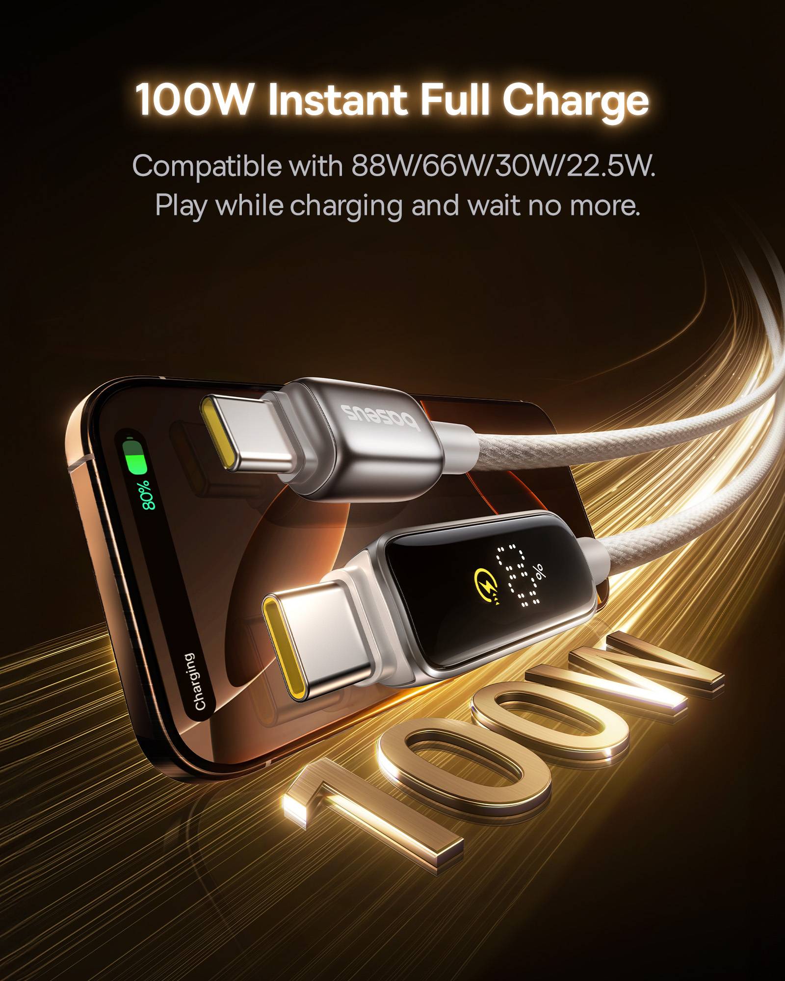 Baseus Vipow 100W USB-C to USB-C Fast Charging Cable with Built-in Dynamic Display
