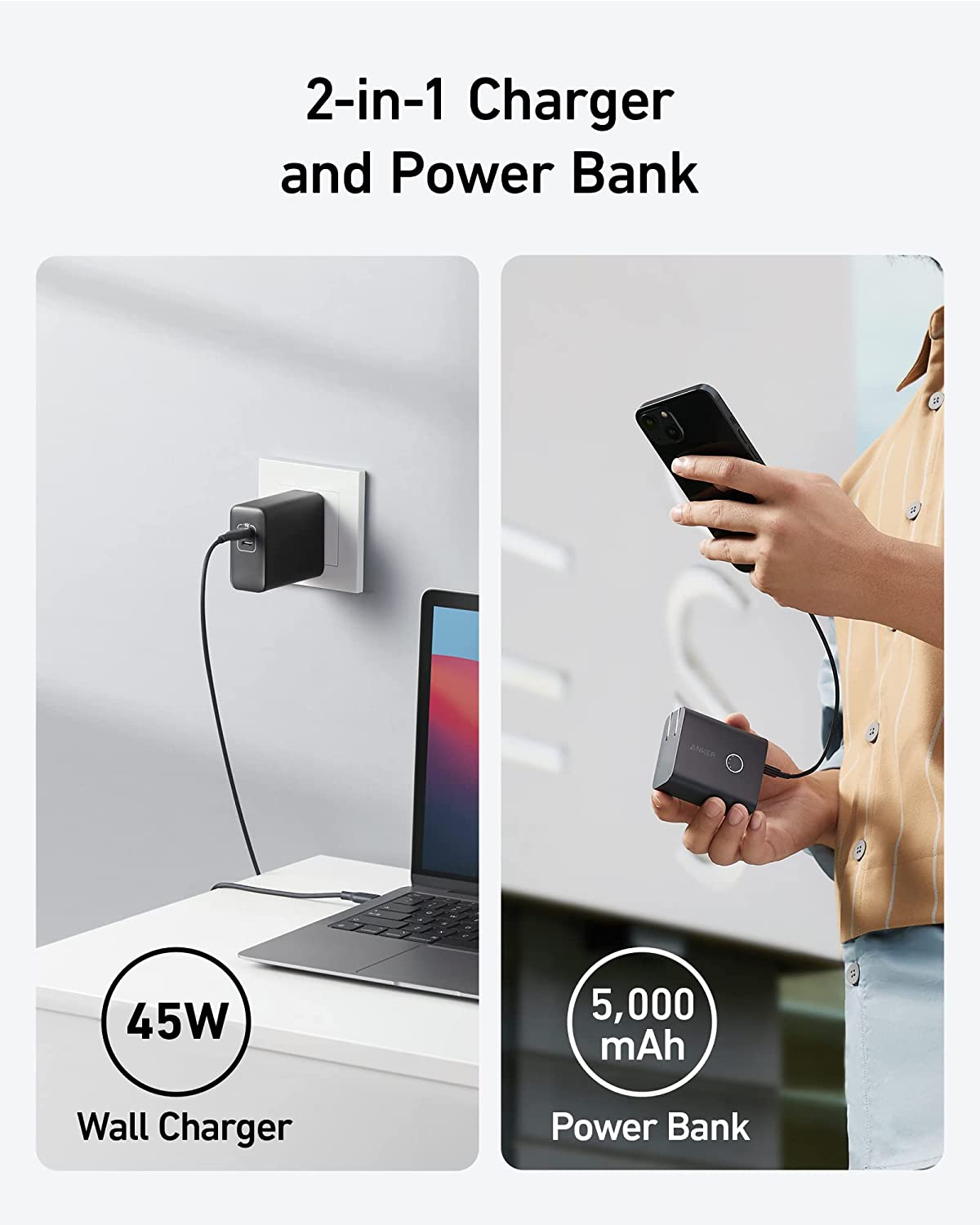 Anker 521 5000 mAh Power Bank with 45W Dual-Port USB-C Wall Charger