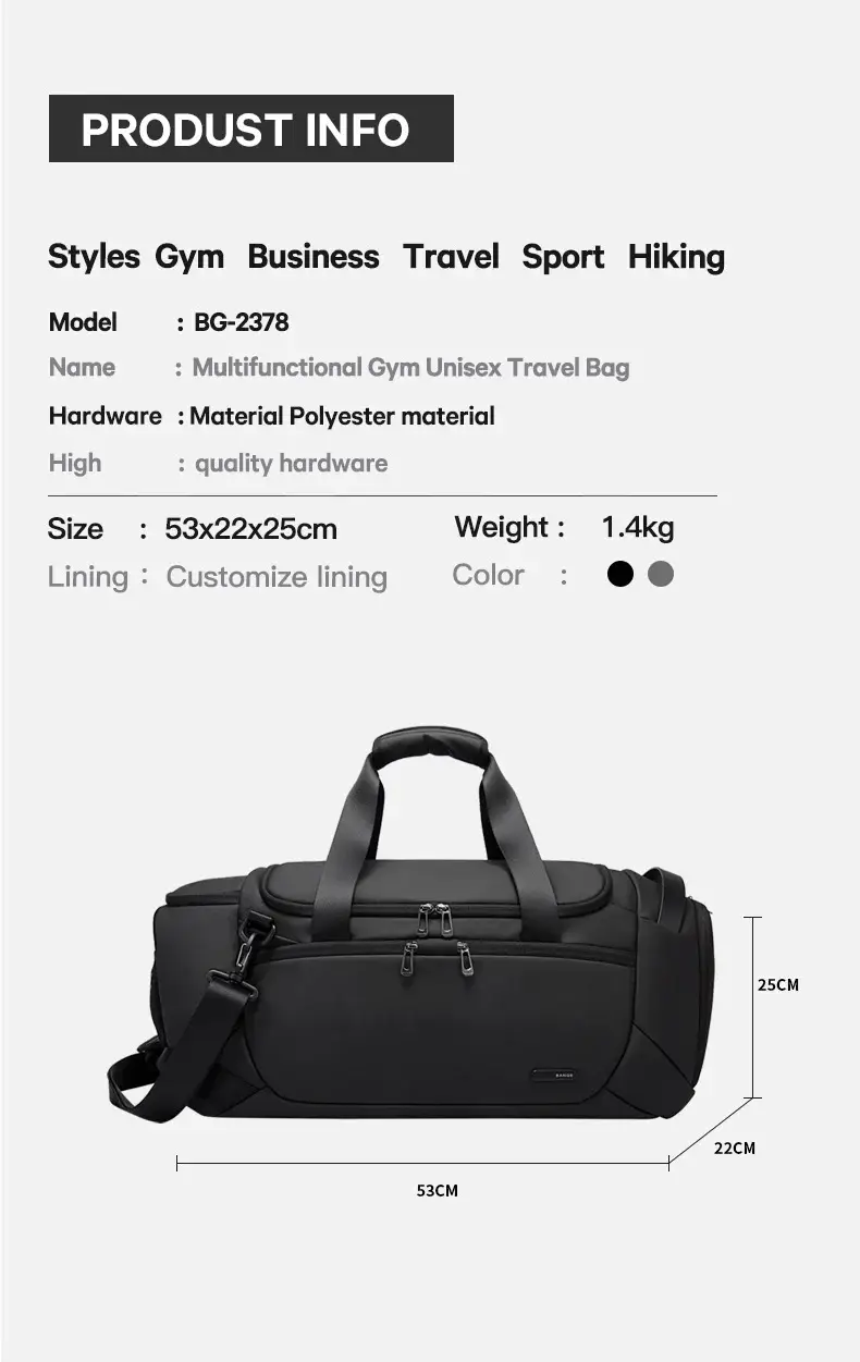 BANGE BG2378 Multifunctional Travel Bag Gym Fitness Sport Futsal Sepatu Duffel Weekender Bag