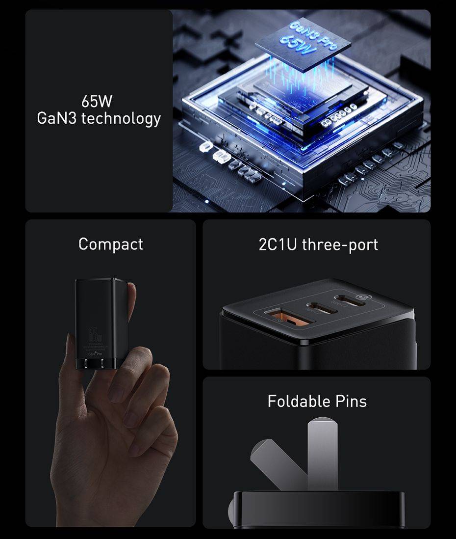 BASEUS GaN3 Pro 65W Fast Charger 2C+U Three Ports CN Plug