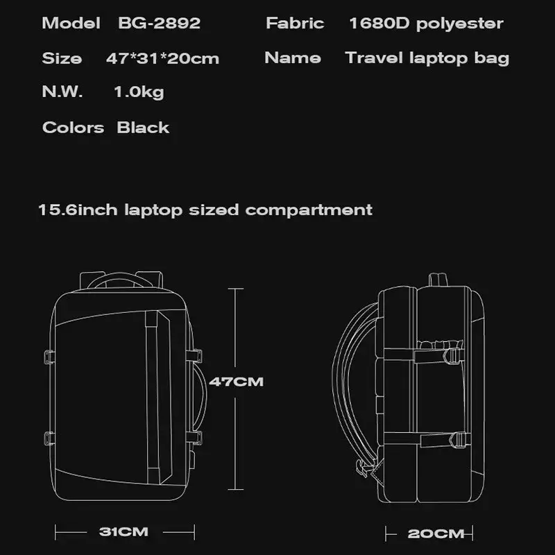 Bange BG-2892 Multifunctional Expandable Waterproof Large Capacity Travel Backpack 15.6in