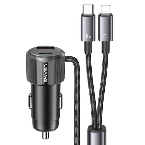 USAMS CC287 YT Series 66W Dual-Port USB & Type-C Car Fast Charger with 2-in-1 Cable-Black