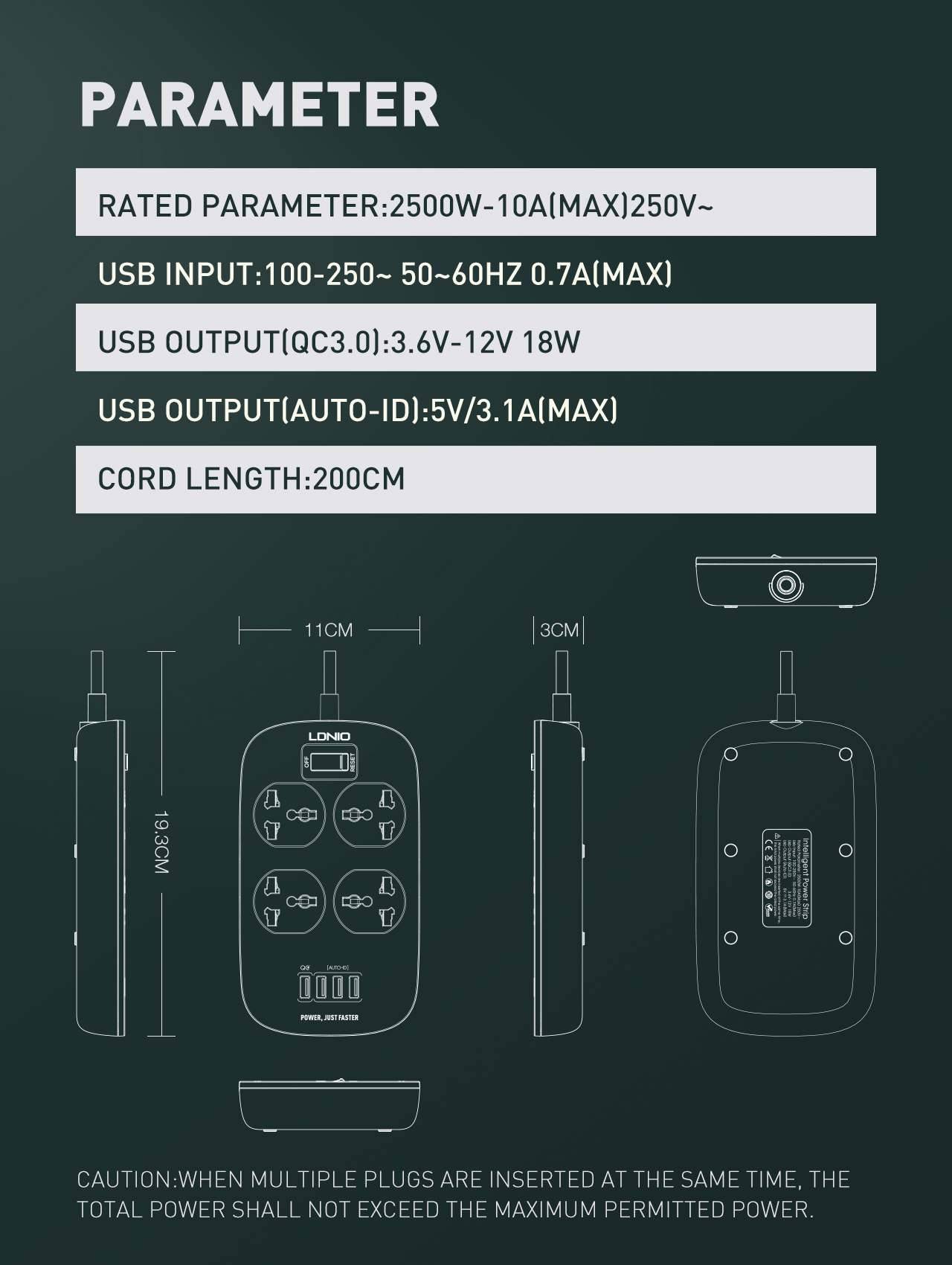 LDNIO Defender Series 4 Socket with 4 USB Port Power Strip