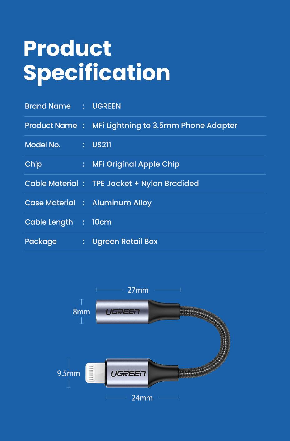 UGREEN Lightning to 3.5mm Headphones Adapter [MFi Certified]