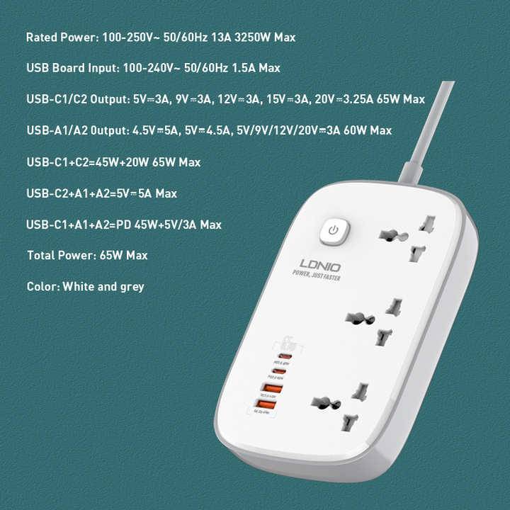 LDNIO SC3416 65W 3 Socket with 4 USB Port Power Strip