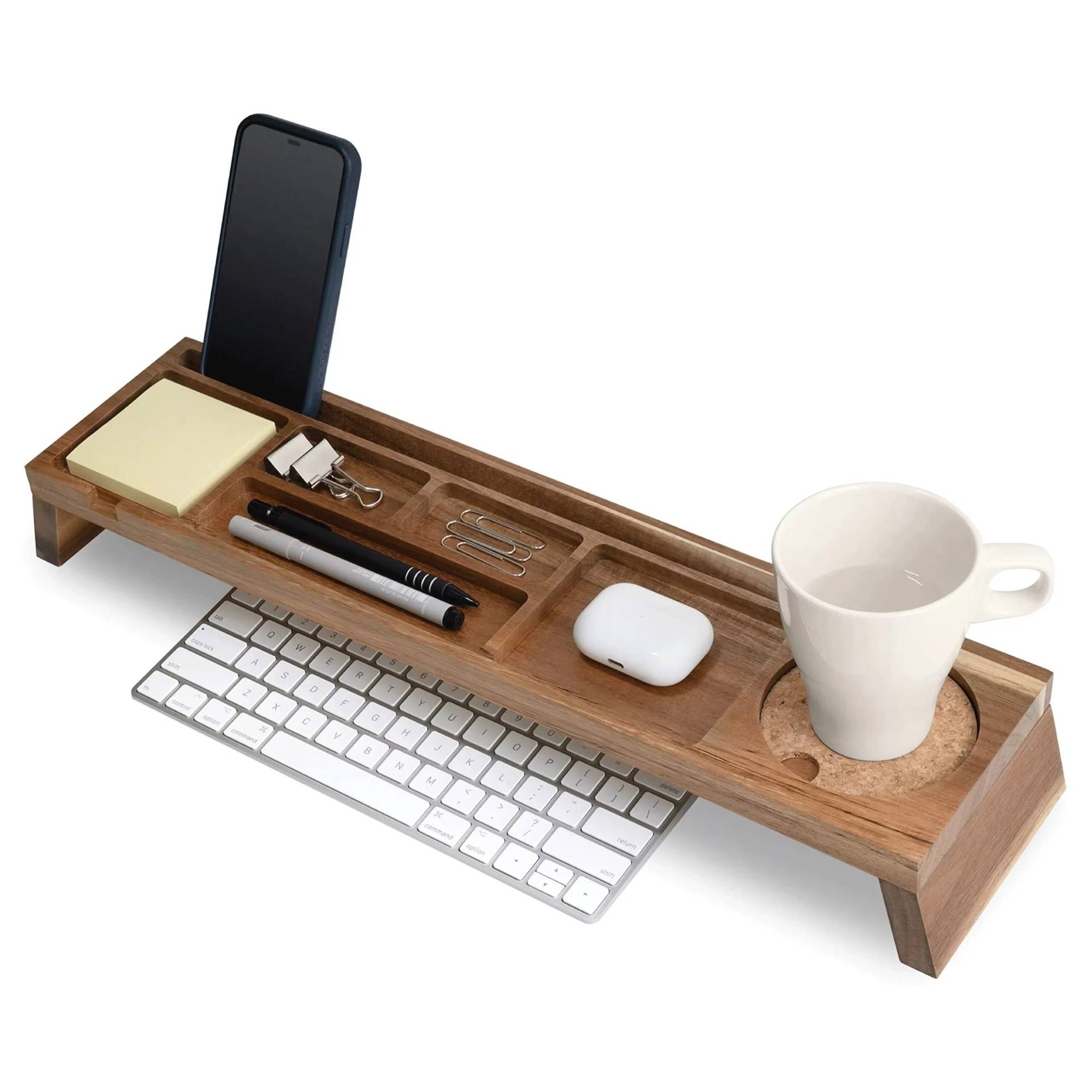 Natural Wood Multi-Compartment Minimalist Desktop Organizer Storage Rack