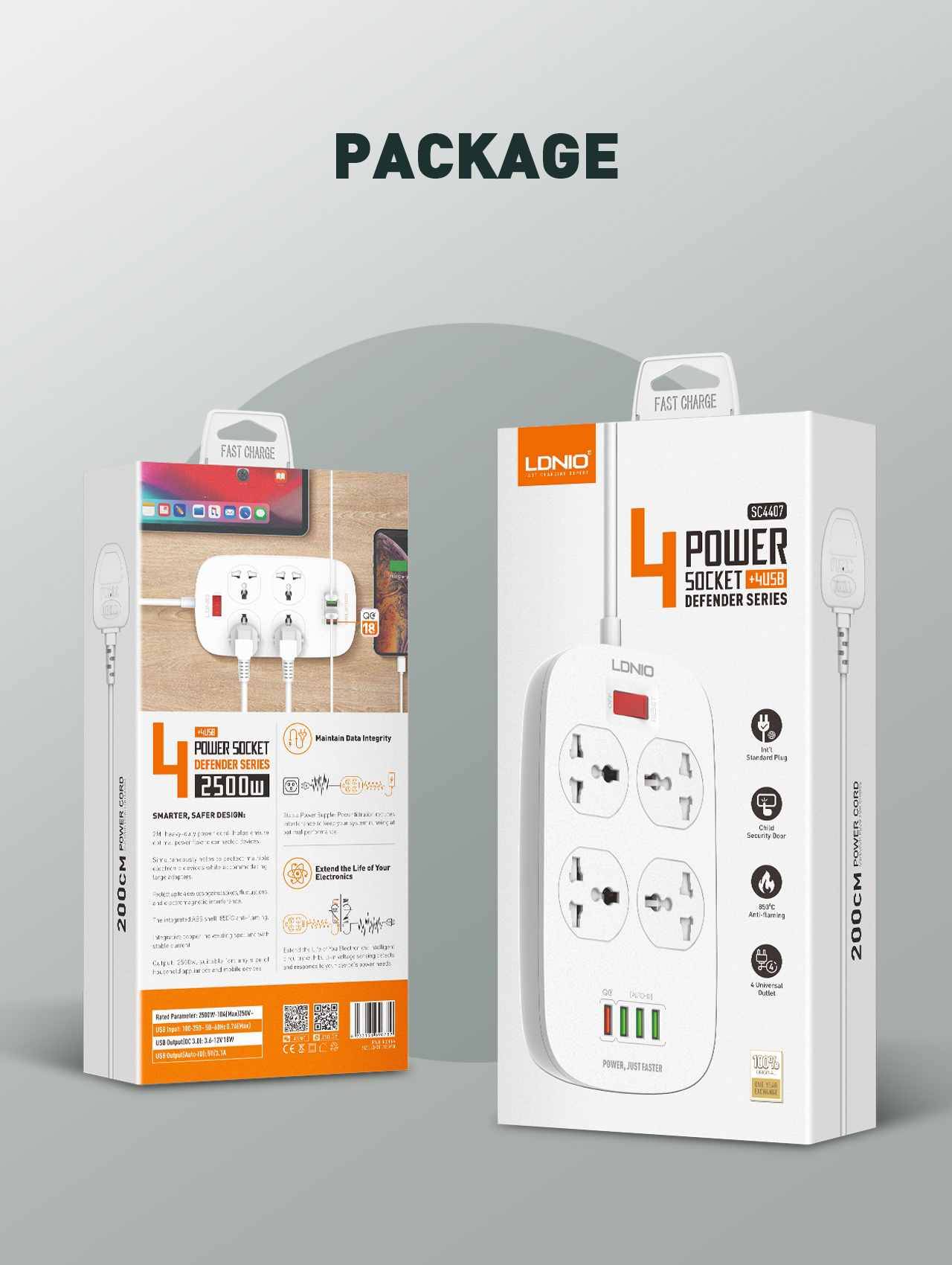 LDNIO Defender Series 4 Socket with 4 USB Port Power Strip