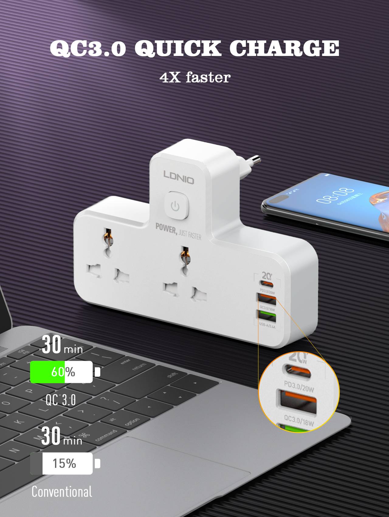 LDNIO SC2311 20W 3-Port USB Charger Extension Power Strip