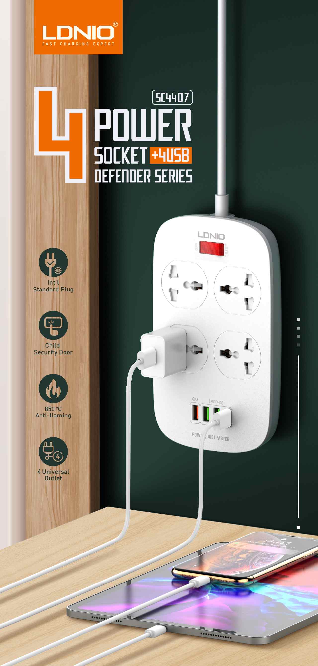 LDNIO Defender Series 4 Socket with 4 USB Port Power Strip