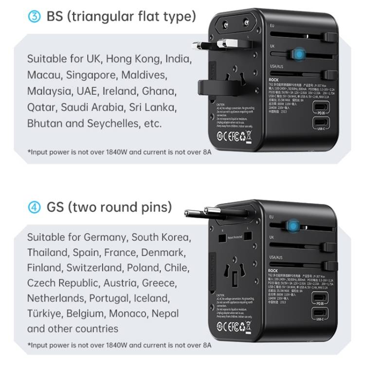 ROCK T62 35.5W Global Travel Multifunctional Plug PD Fast Charger Power Adapter