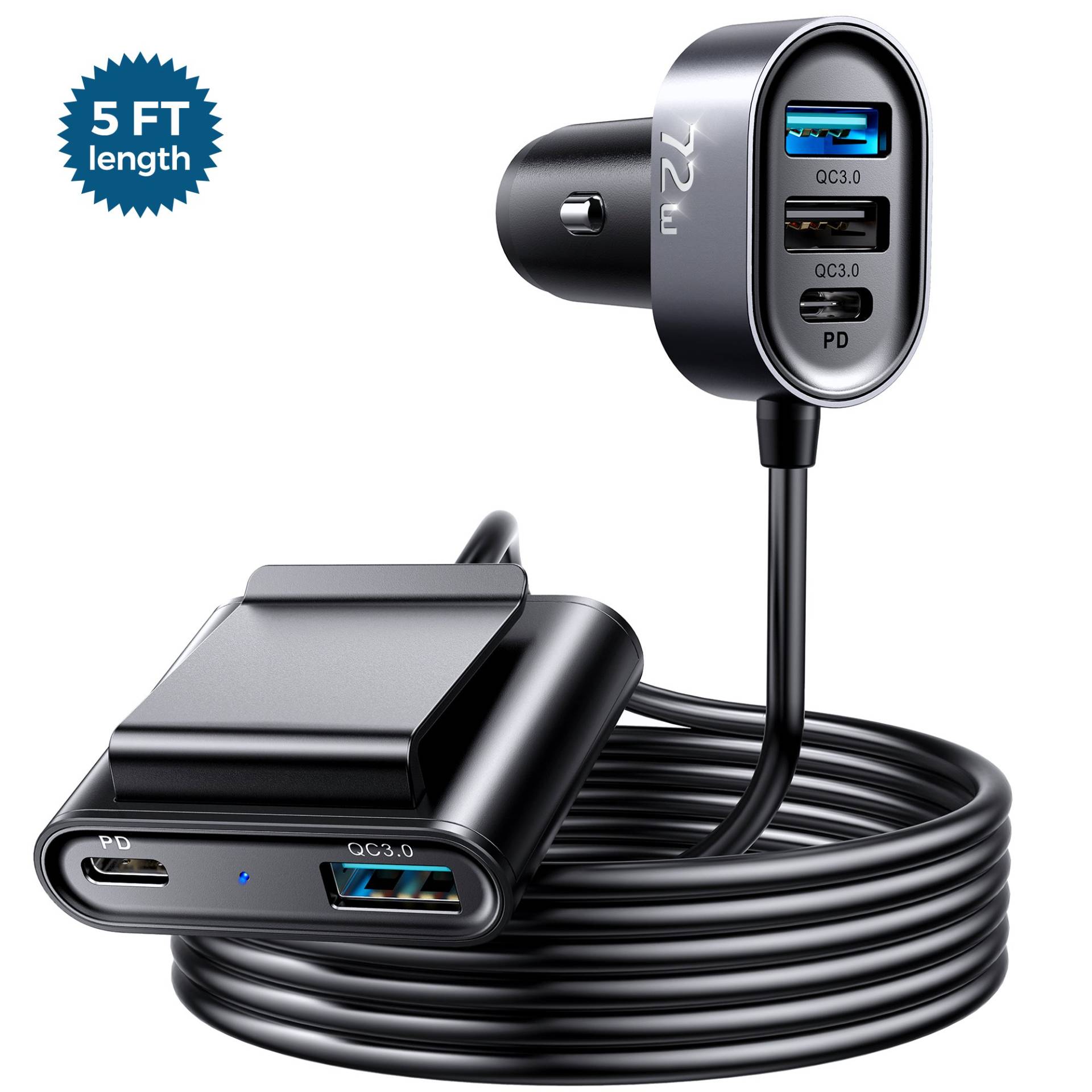 JOYROOM JR-CL05 5 Multi-Port QC3.0+PD Fast Car Charger Adapter 5ft Cable for Front/Back Seat Charging