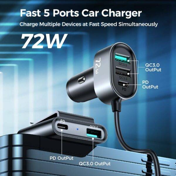 JOYROOM JR-CL05 5 Multi-Port QC3.0+PD Fast Car Charger Adapter 5ft Cable for Front/Back Seat Charging