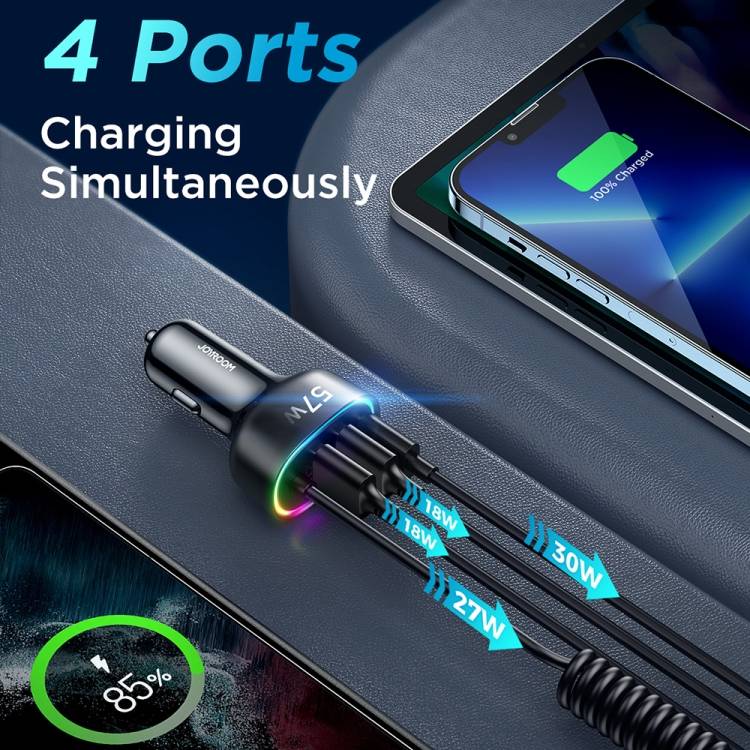 JOYROOM JR-CL20 57W 4 in 1 Car Charger with 1.6cm Coiled Lightning Cable