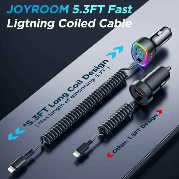 JOYROOM JR-CL20 57W 4 in 1 Car Charger with 1.6cm Coiled Lightning Cable