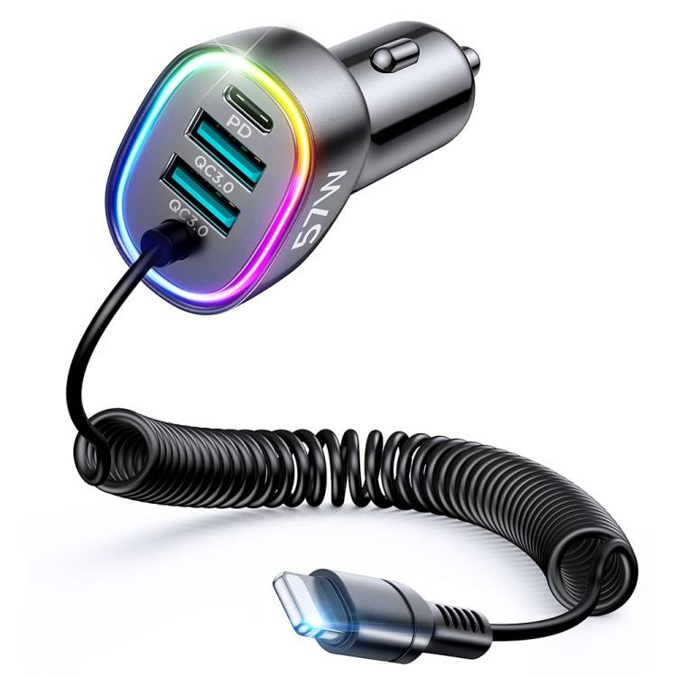 JOYROOM JR-CL20 57W 4 in 1 Car Charger with 1.6cm Coiled Lightning Cable