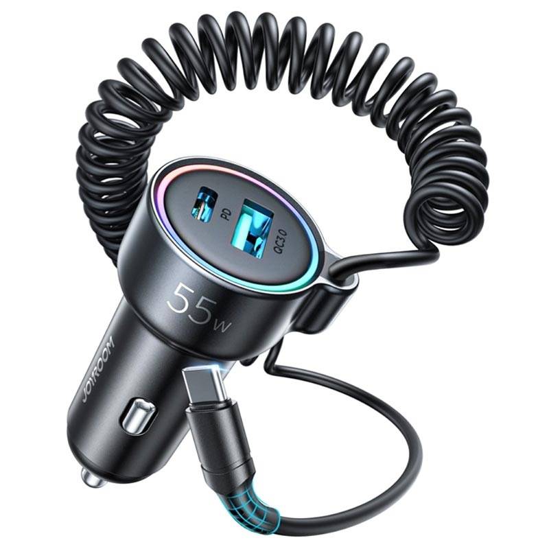 JOYROOM JR-CL07 55W PD QC3.0 Fast Car Charger with Type-C Port and Coiled Cable JOYROOM JR-CL07 55W PD QC3.0 Fast Car Charger with Type-C Port and Coiled Cable
