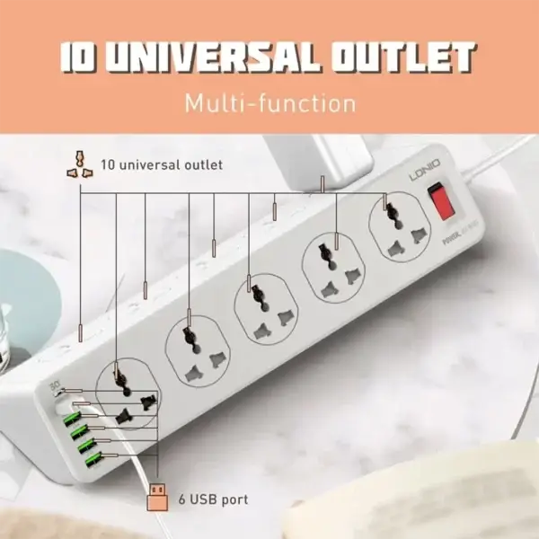 LDNIO SC10610 Surge Protection 30W 6-Port USB Charger with 10 Outlet/ 5 Usb-A / 1 USB-C 200CM Power Cord