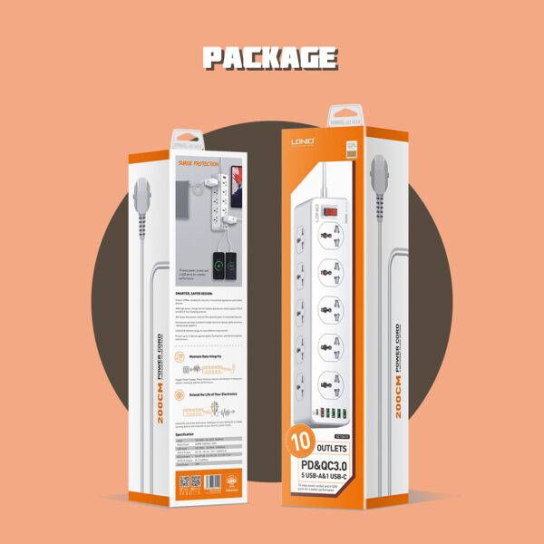 LDNIO SC10610 Surge Protection 30W 6-Port USB Charger with 10 Outlet/ 5 Usb-A / 1 USB-C 200CM Power Cord