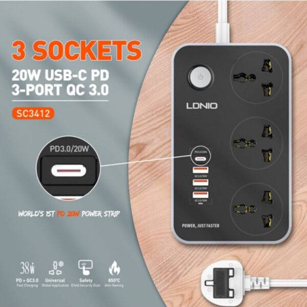 LDNIO SC3412 Power Strip With 3 Ac Sockets + PD Type-C Ports + 3 QC 3.0 Usb Ports Charger