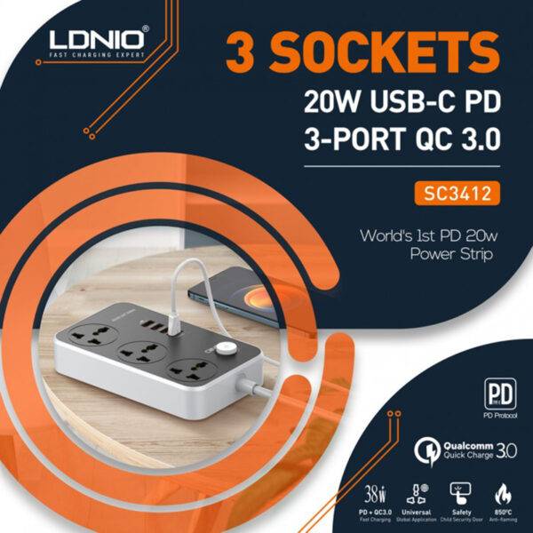 LDNIO SC3412 Power Strip With 3 Ac Sockets + PD Type-C Ports + 3 QC 3.0 Usb Ports Charger