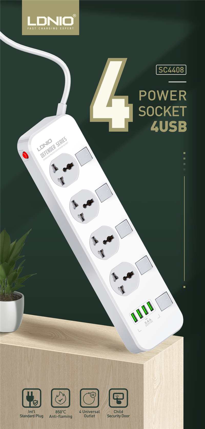 LDNIO SC4408 2500W 5-Outlet Power Strip with 4 USB Ports and Surge Protection