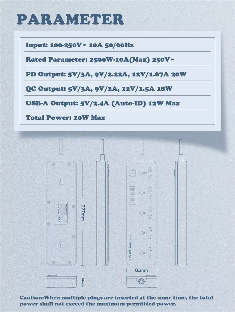 LDNIO SC5415 Power Strips 5 Way Outlet with USB Ports Universal Extension Power Socket