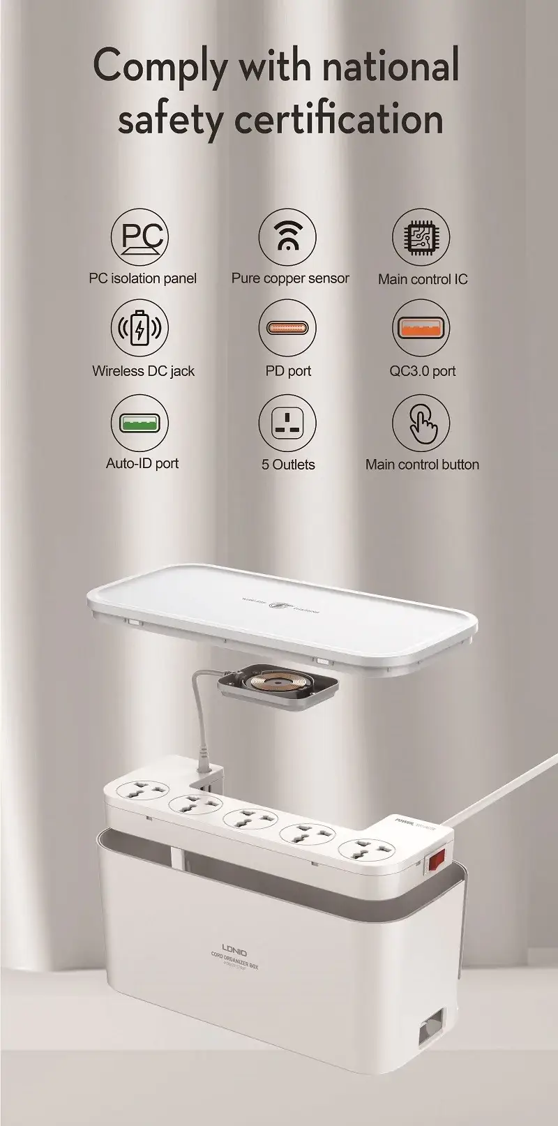 LDNIO SCW5354 Organizing Box Power Strip 15W Wireless Charger with 20W PD+QC Output