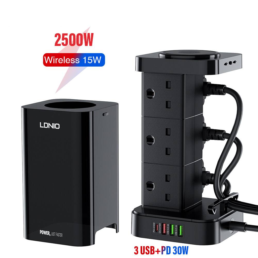 LDNIO SKW6457 6 Outlet 15W USB Tower Extension Power Socket with Wireless Charger